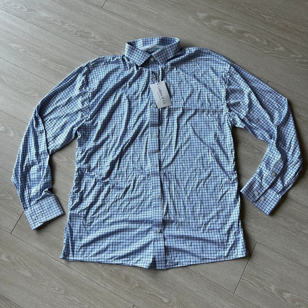 Collars & Co Button Down Shirt Long Sleeve Mens 2XL Blue Tattersall